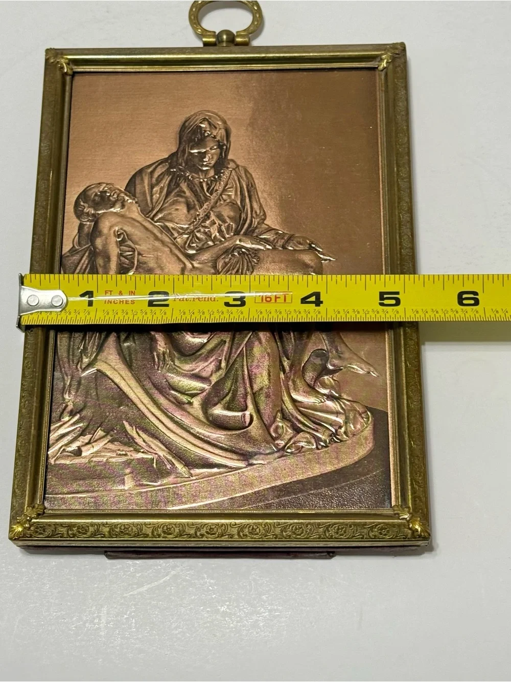 Vintage Michelangelo Pietà Copper Relief Wall Plaque Brass Frame Religious Art